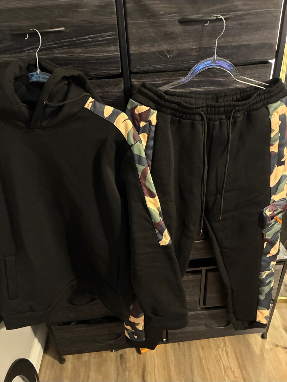 Black Hoodie & Jogger Set with Multicolor Camouflage Trim